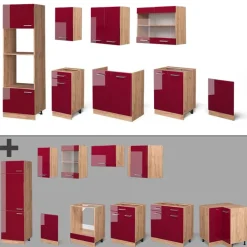 Vicco - Complete Keuken - R-line - Hoogglans Rood Goudkleurig Eiken - 8 Kasten - 300 Cm