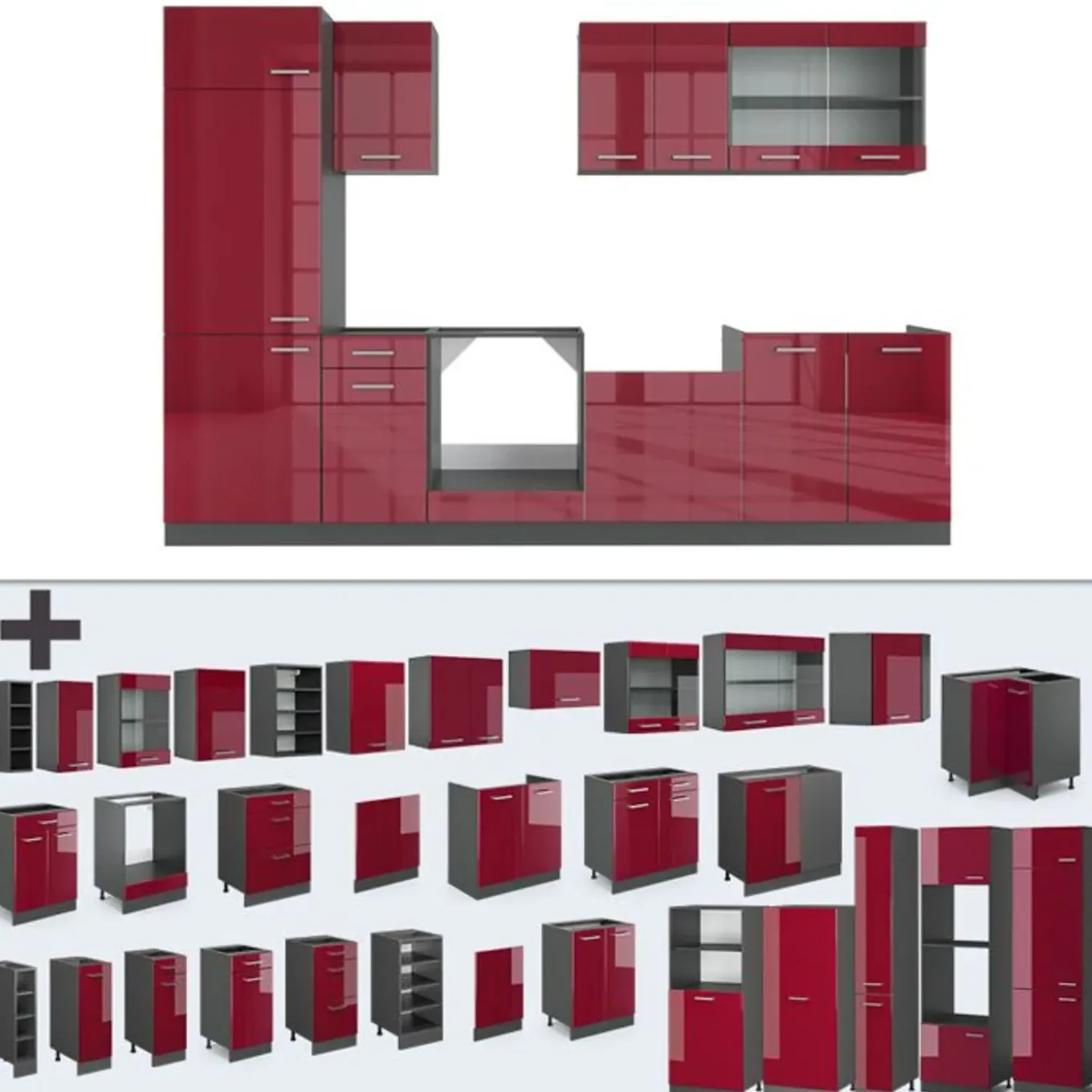 Vicco - Complete Modulaire Keuken - R-line - Glanzend Rood Antraciet - 300 Cm