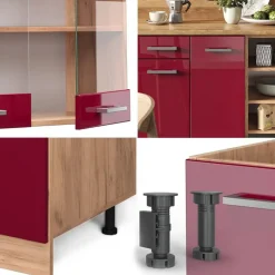 VICCO - Complete Modulaire Keuken - R-line - Hoogglans Rood Goud Eiken - 240 Cm