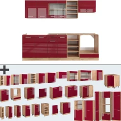 VICCO - Complete Modulaire Keuken - R-line - Hoogglans Rood Goud Eiken - 240 Cm