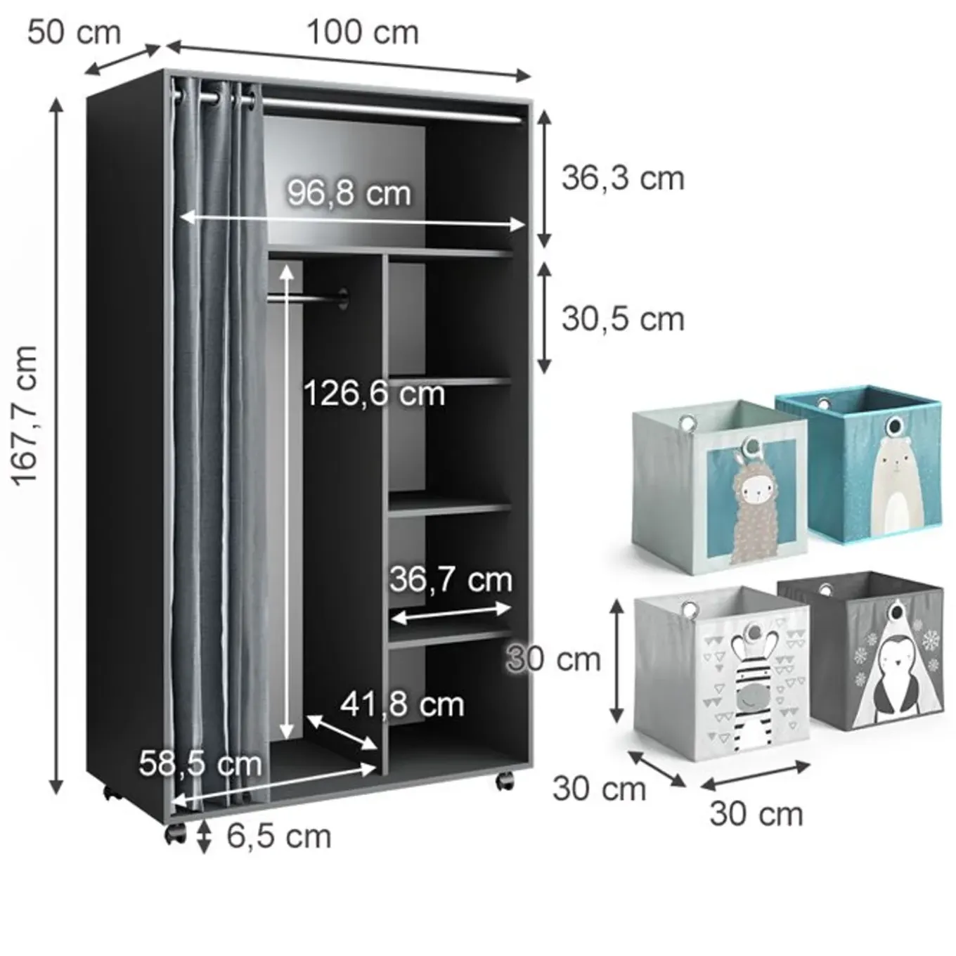 Vicco Doros Kast, 100x168cm Open, Met Wielen, Grijs, 40641