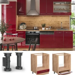 VICCO Fameline Ovenmeubel, 60cm, Pt Marmer, Bordeauxrood Hoge Glans/gouden Eiken, 46