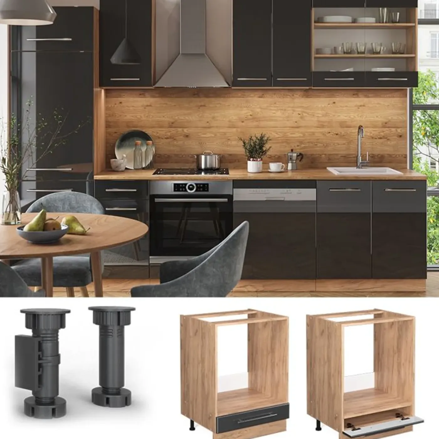 VICCO Fameline Ovenmeubel, 60cm, Pt Marmer, Antraciet Hoogglans/gouden Eiken, 46508