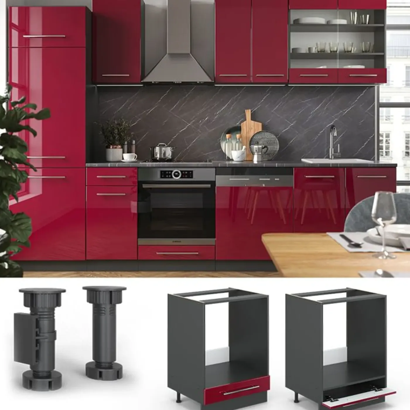 VICCO Fameline Ovenmeubel, 60cm Zonder Pt, Bordeauxrood Hoogglans/antraciet, 35559
