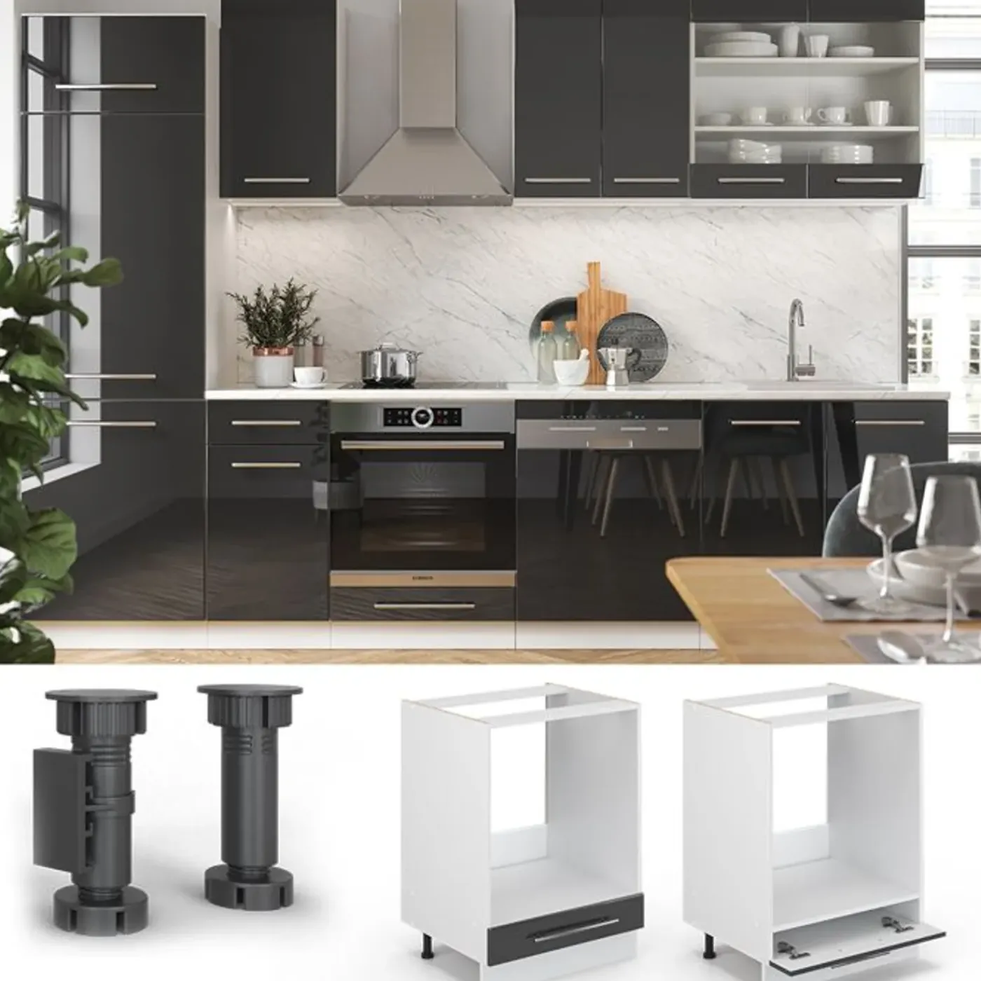 VICCO Fameline Ovenmeubel, 60cm, Pt Eik, Antraciet Hoogglans/wit, 45508