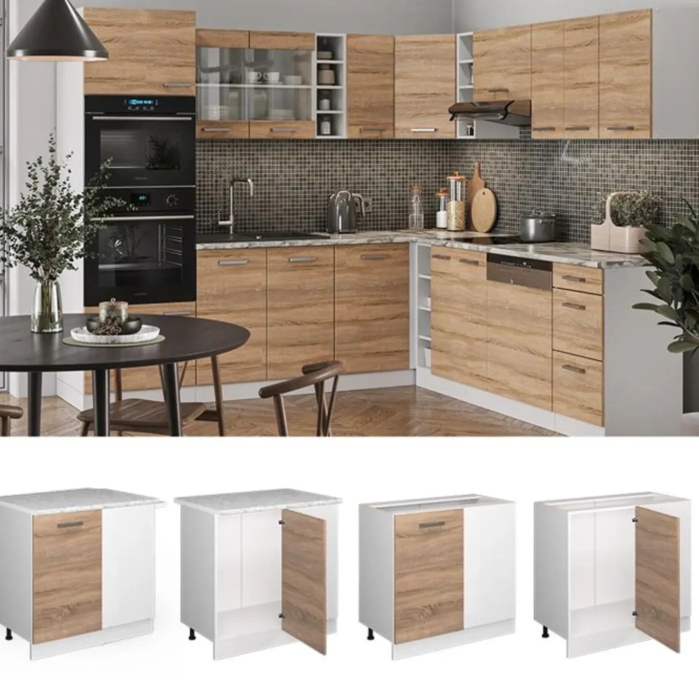 VICCO - Hoekkast R-line - Wit Marmeren Werkblad - Sonoma, Witte Band