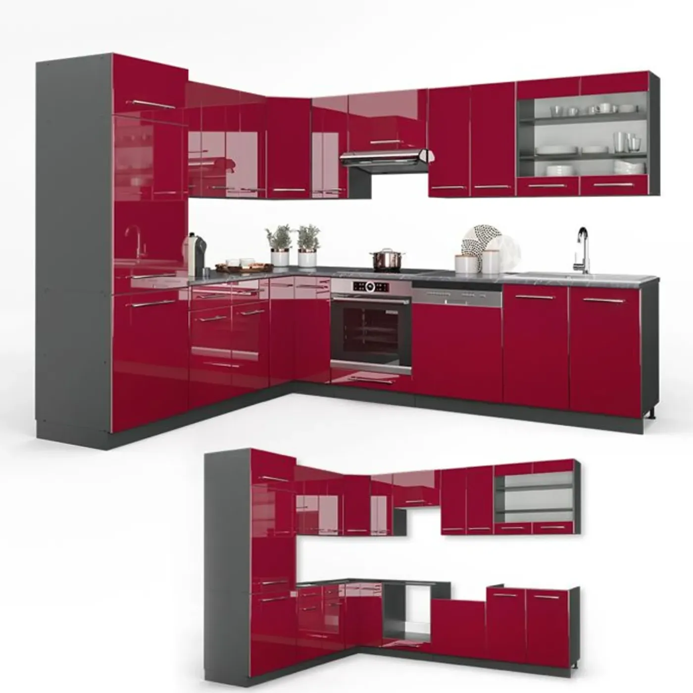 VICCO - Hoekkeuken - Fame-line 42117 - Bordeauxrood Antraciet - 287 X 227 Cm