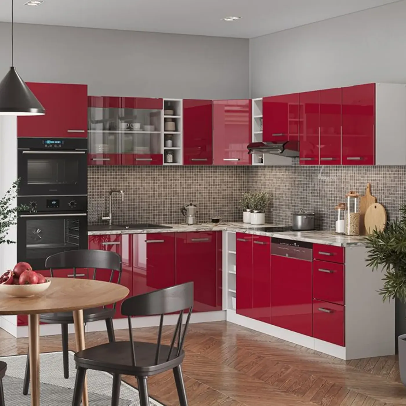 VICCO - Hoekkeuken - R-line 42687 - Glanzend Rood Wit - Met Werkblad - 247 X 237 Cm
