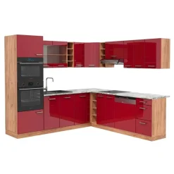 VICCO - Hoekkeuken - R-line - Glanzend Rood Goudkleurig Eiken - Marmeren Werkblad - 247 X 237 Cm