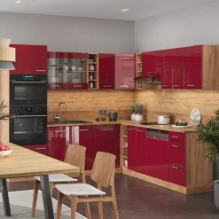 VICCO - Hoekkeuken - R-line - Glanzend Rood Goudkleurig Eiken - Marmeren Werkblad - 247 X 237 Cm