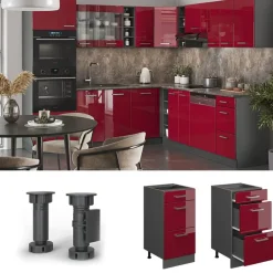 Vicco - Keukenkast Onder - 3 Lades, Antraciet Rood - 40 Cm