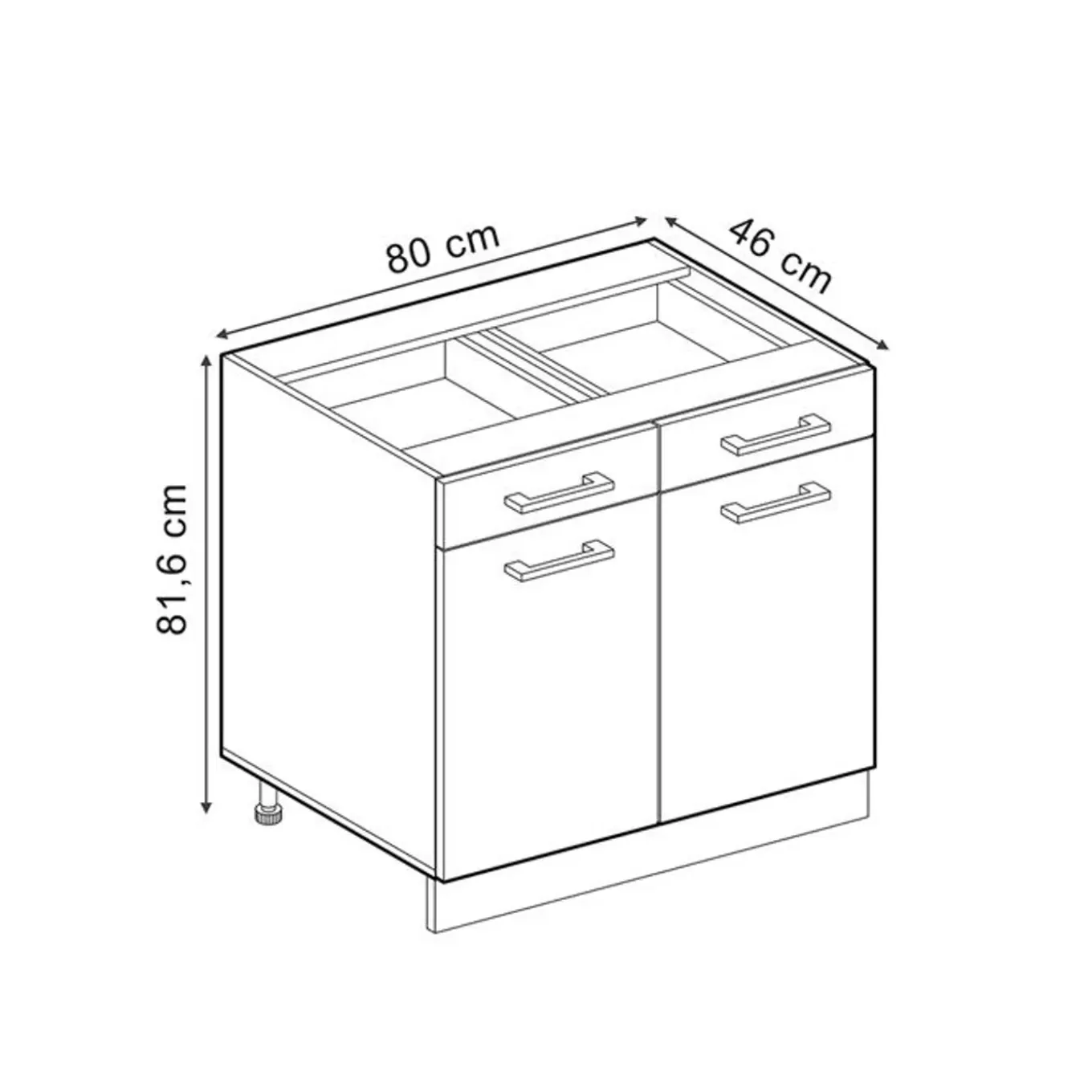 Vicco - Keukenkast Onder - Zwart Hoogglans Met 2 Lades En 2 Deuren - 80 Cm