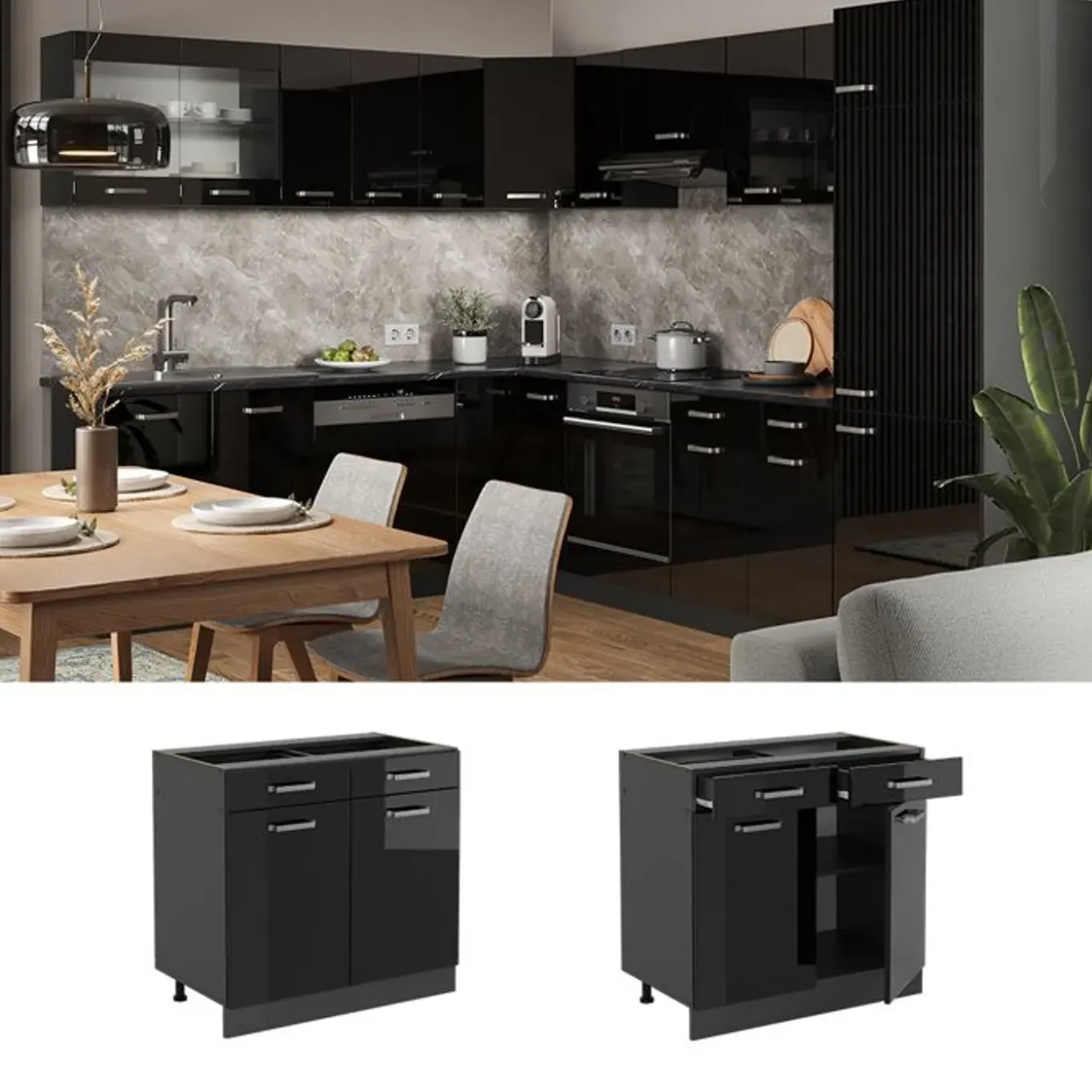 Vicco - Keukenkast Onder - Zwart Hoogglans Met 2 Lades En 2 Deuren - 80 Cm