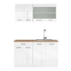 Vicco - Keuken R-line 140 Cm - Hoogglans Wit - Werkblad Gouden Eik