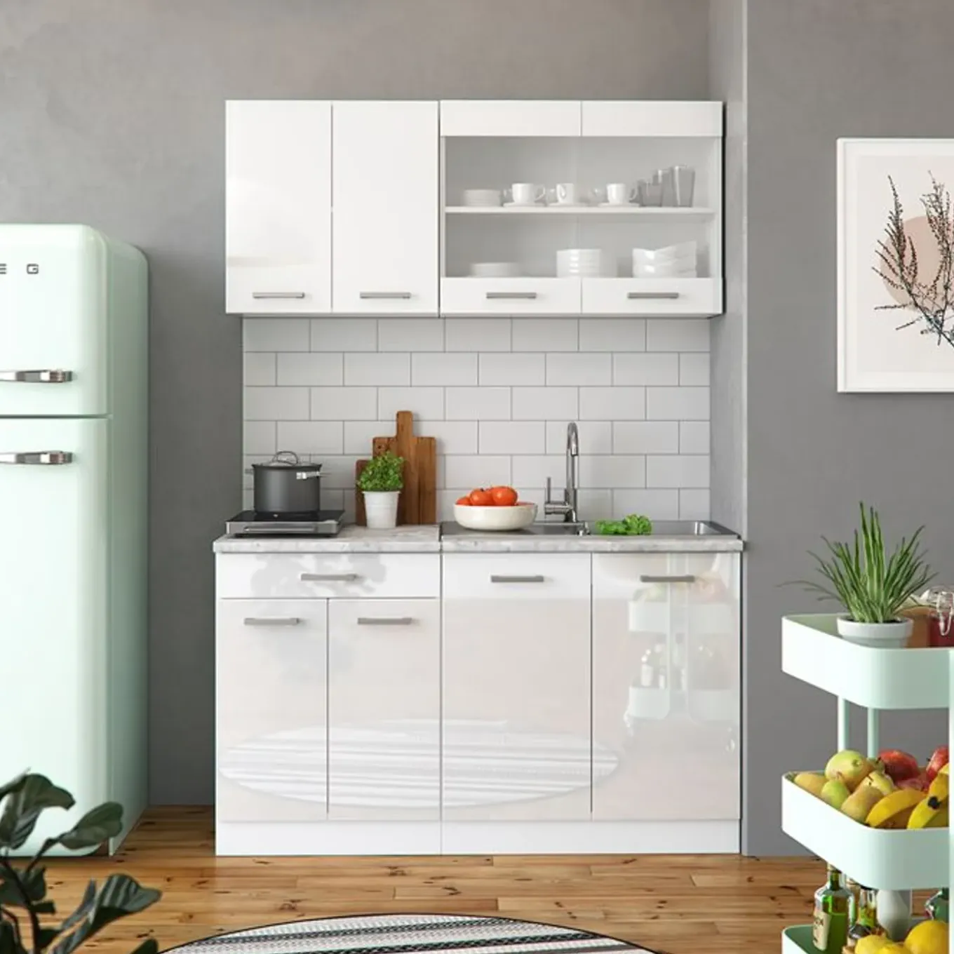 Vicco - Keuken R-line 140 Cm - Hoogglans Wit - Werkblad Gouden Eik
