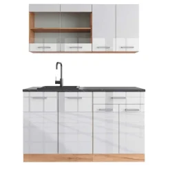 VICCO - Keuken R-line 140 Cm - Hoogglans Wit - Goud Eiken, Werkblad Antraciet