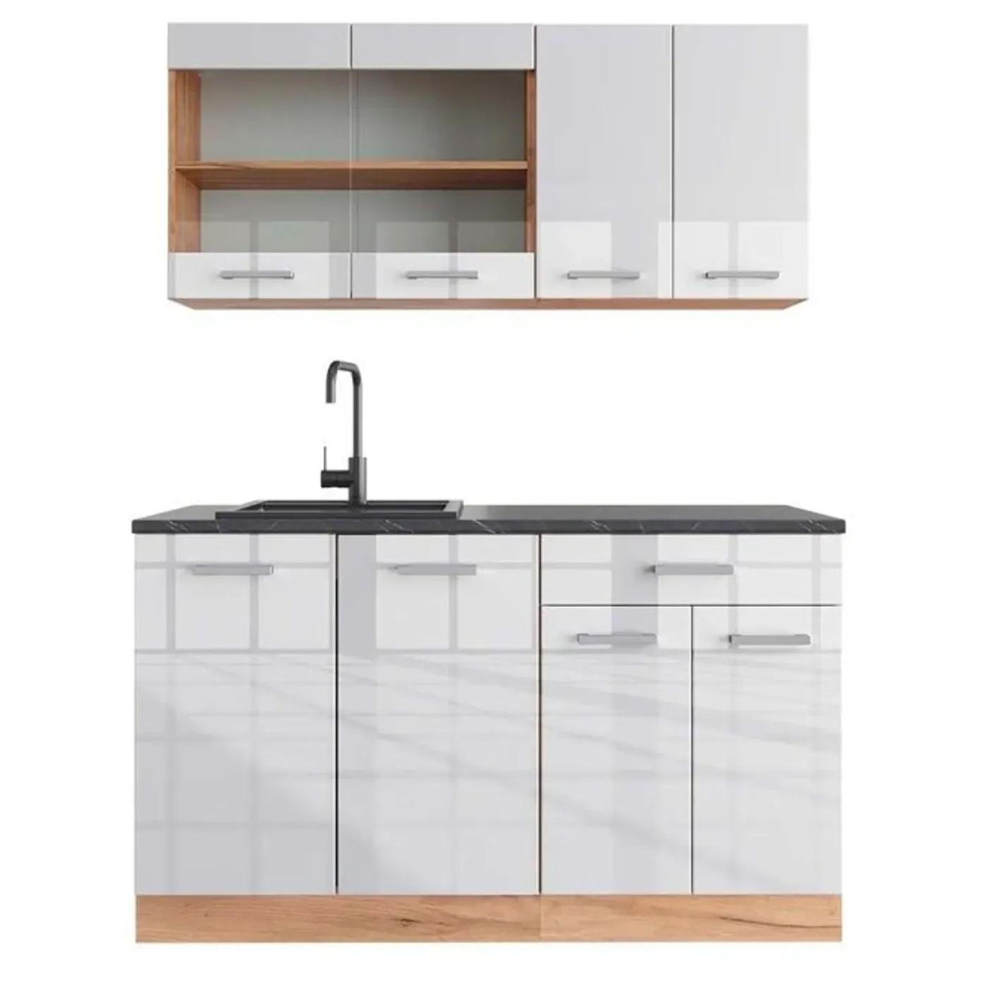 VICCO - Keuken R-line 140 Cm - Hoogglans Wit - Goud Eiken, Werkblad Antraciet