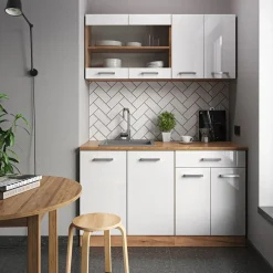 VICCO - Keuken R-line 140 Cm - Hoogglans Wit - Goud Eiken, Werkblad Antraciet