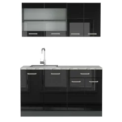 Vicco - Keuken R-line - Zwart Hoogglans/antraciet - Werkblad Marmer - 140 X 81,6 X 60 Cm