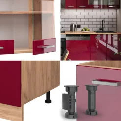 Vicco - Modulaire Complete Keuken - R-line - Hoogglans Rood Eiken Goudkleurig - 300 Cm