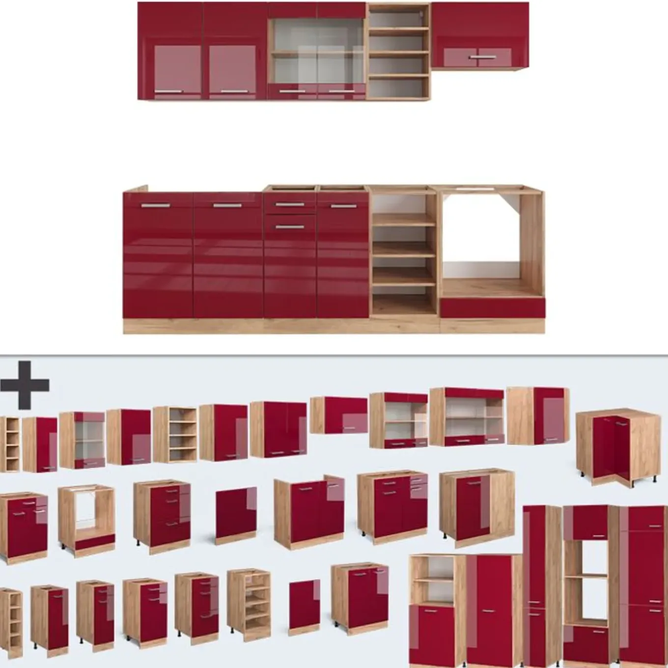 Vicco - Modulaire Complete Keuken - R-line - Hoogglans Rood Gouden Eik - 240 Cm