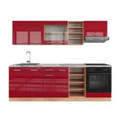 Vicco - Modulaire Complete Keuken - R-line - Hoogglans Rood Gouden Eik - 240 Cm