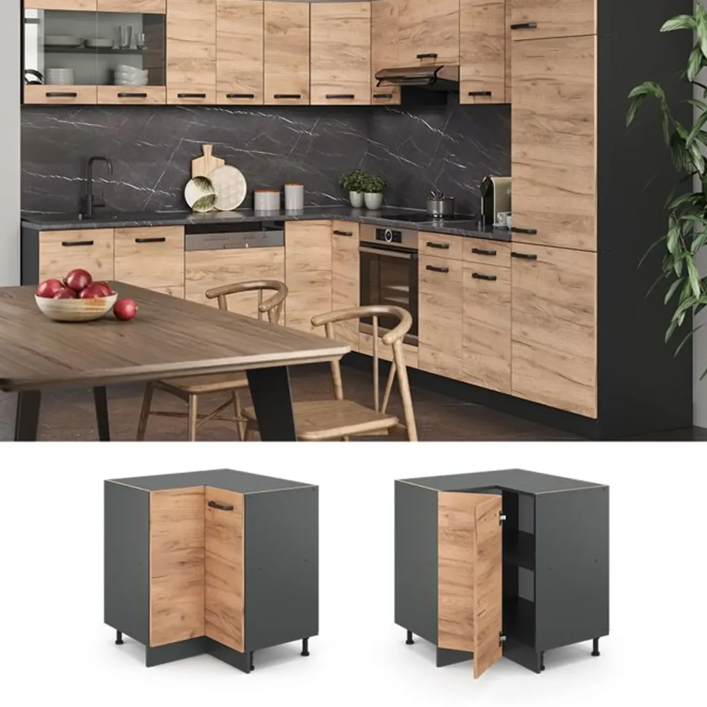 VICCO - R-line Hoekmeubel - Gouden Eiken “force” - Werkblad Marmerlook, 75,6 X 81,6 X 60 Cm