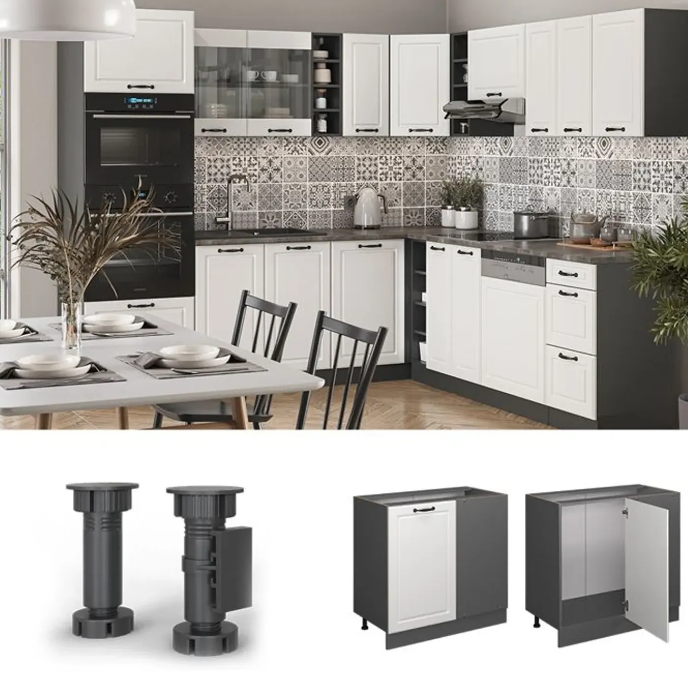 VICCO - R-line Hoekmeubel - Landelijk Wit - Werkblad Eiken, 86 X 81,6 X 60 Cm
