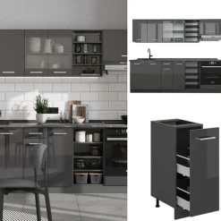VICCO R-line Keukenblok 240 Cm Antraciet Hoogglans - Eik