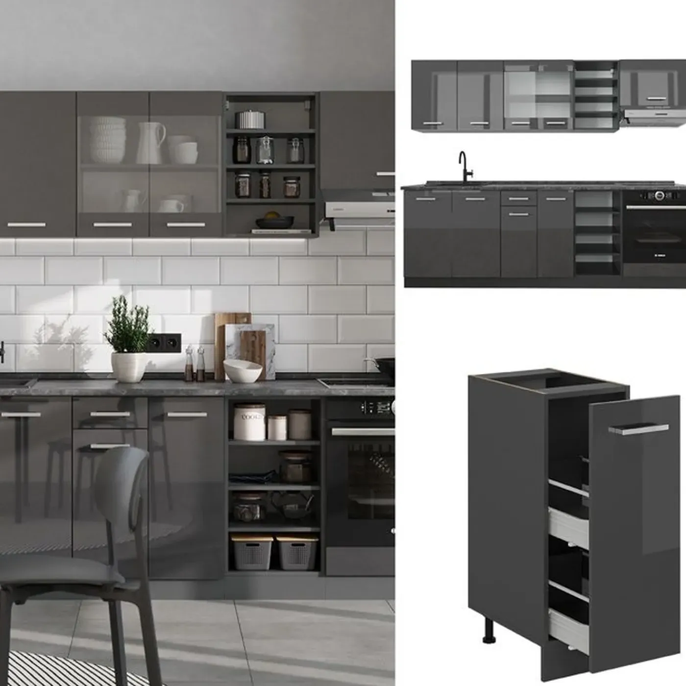 VICCO R-line Keukenblok 240 Cm Antraciet Hoogglans - Eik
