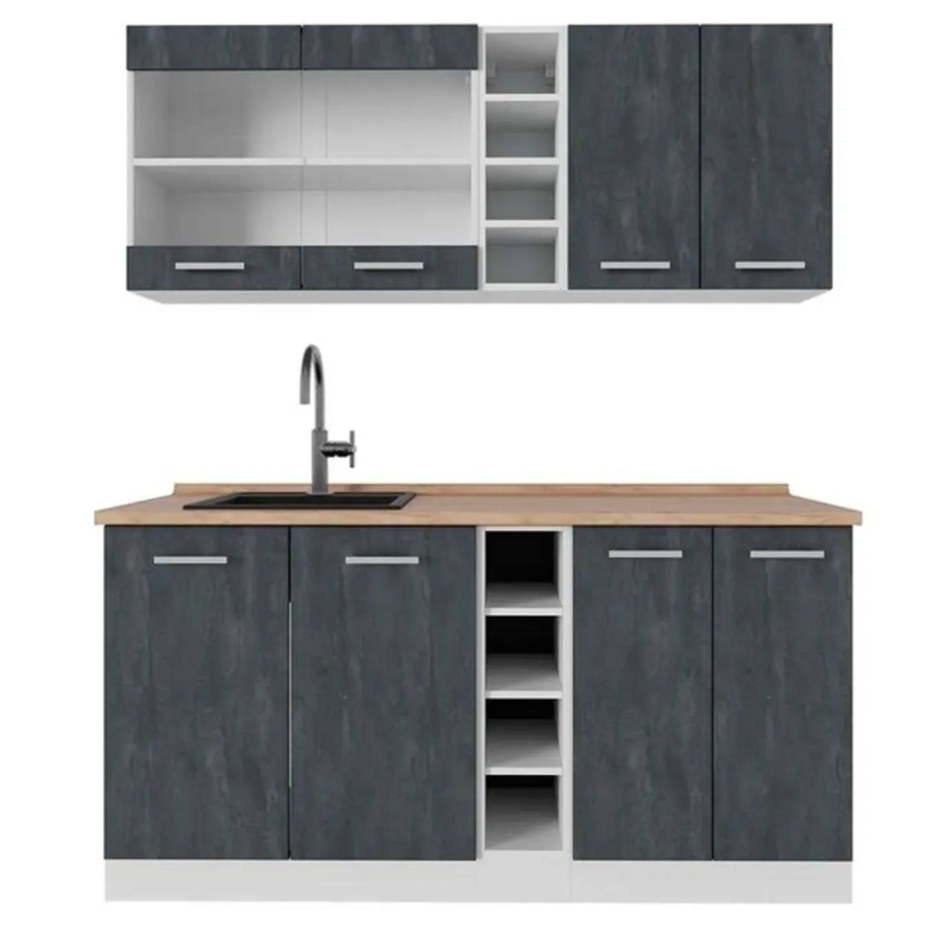 Vicco - R-line Keuken - 160 Cm - Betonzwart/wit - Werkblad Goud Eiken