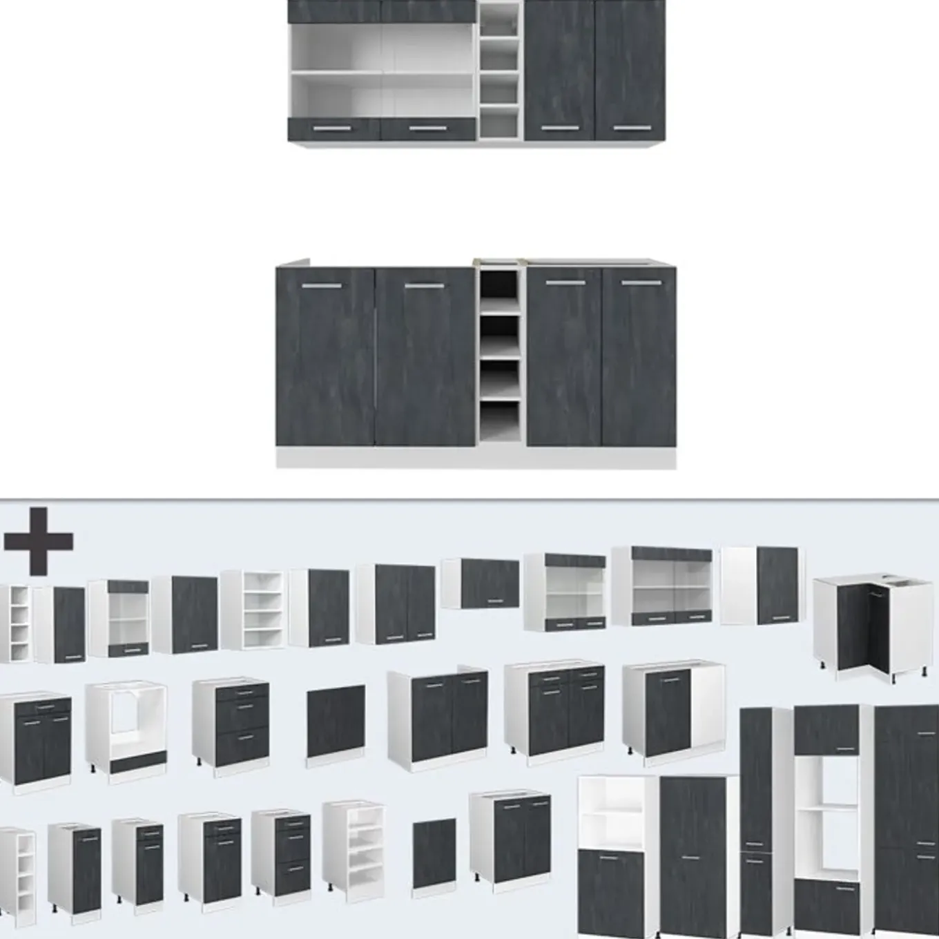Vicco - R-line Keuken - 160 Cm - Betonzwart/wit - Werkblad Goud Eiken