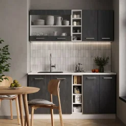 Vicco - R-line Keuken - 160 Cm - Betonzwart/wit - Werkblad Goud Eiken