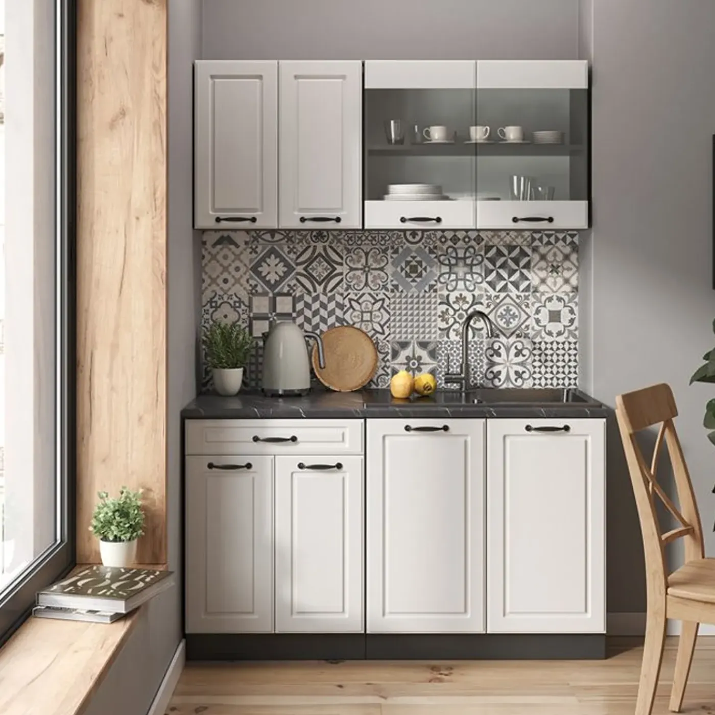 VICCO - R-line Keuken 140 Cm - Werkblad Goud Eiken - Fronten Cottagewit/antraciet