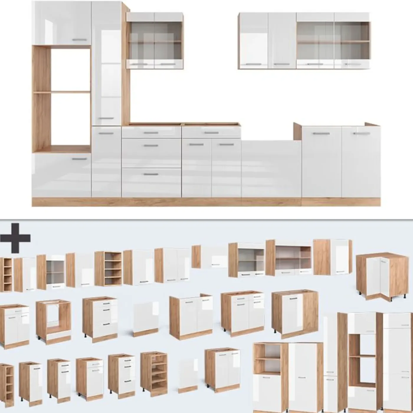 VICCO R-line Modulaire Keuken 350 Cm Hoogglans Wit/goud Eik