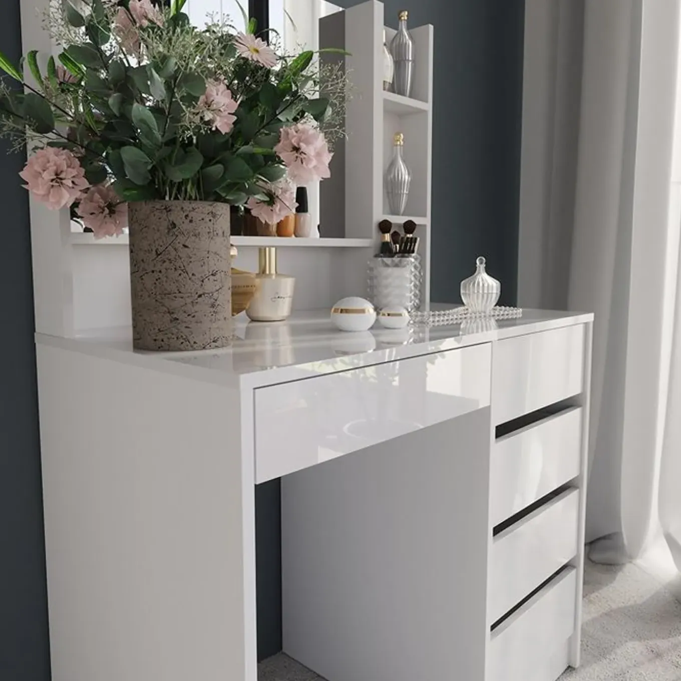 Vicco - Sherry Kaptafel - Hoge Glans Wit - Met Spiegelkast - 70 Cm