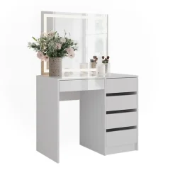 Vicco - Sherry Kaptafel Met Led-spiegel - Wit Hoogglans - 89,8 Cm - 3 Lades