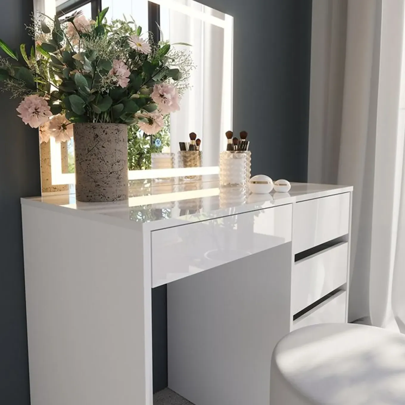 Vicco Sherry Kaptafelset Met Led-spiegel - Wit Hoogglans