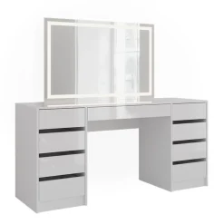 Vicco Sherry - Toilettafel Met Led Spiegel - Wit Hoogglans - 158,2 X 76 X 50,1 Cm