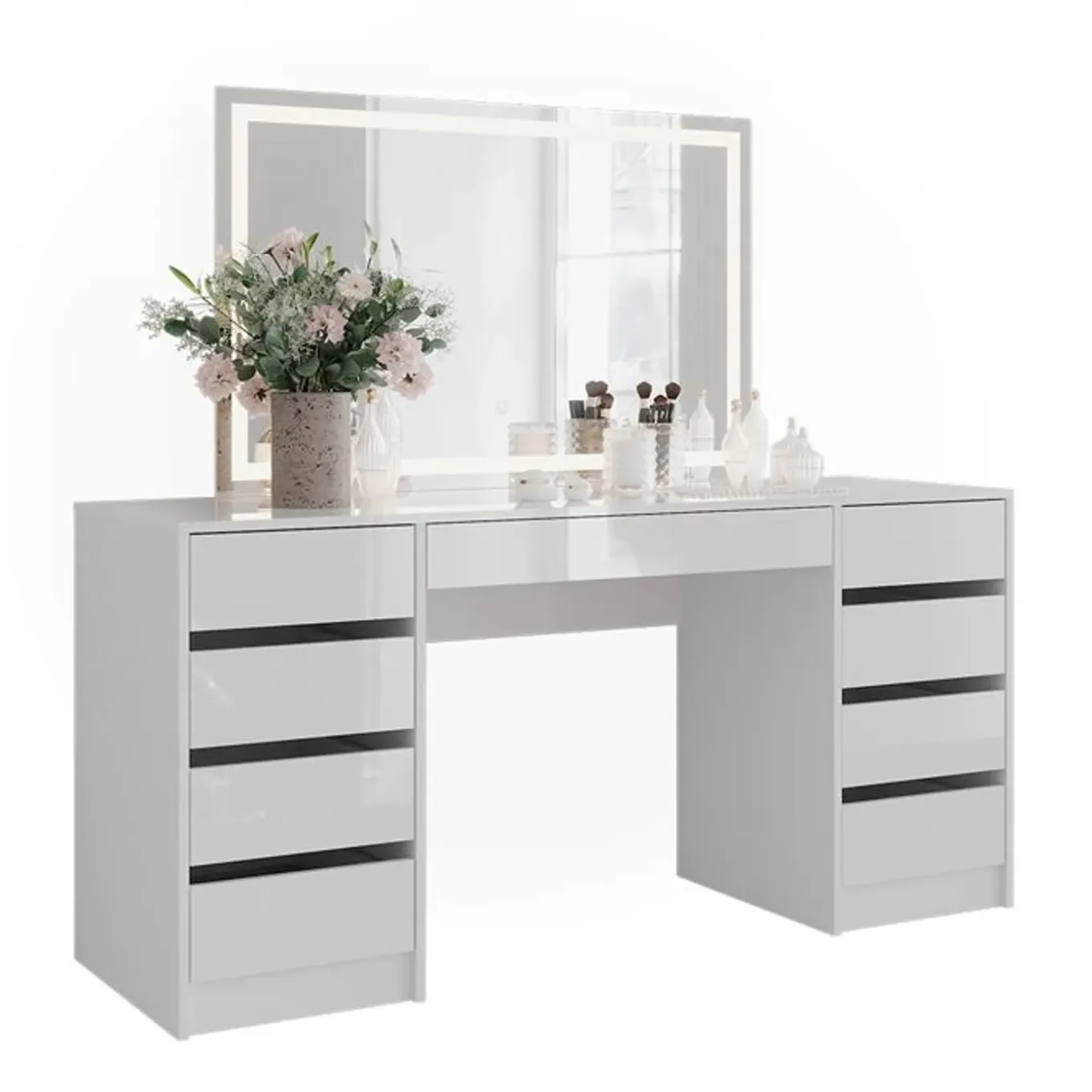 Vicco Sherry - Toilettafel Met Led Spiegel - Wit Hoogglans - 158,2 X 76 X 50,1 Cm