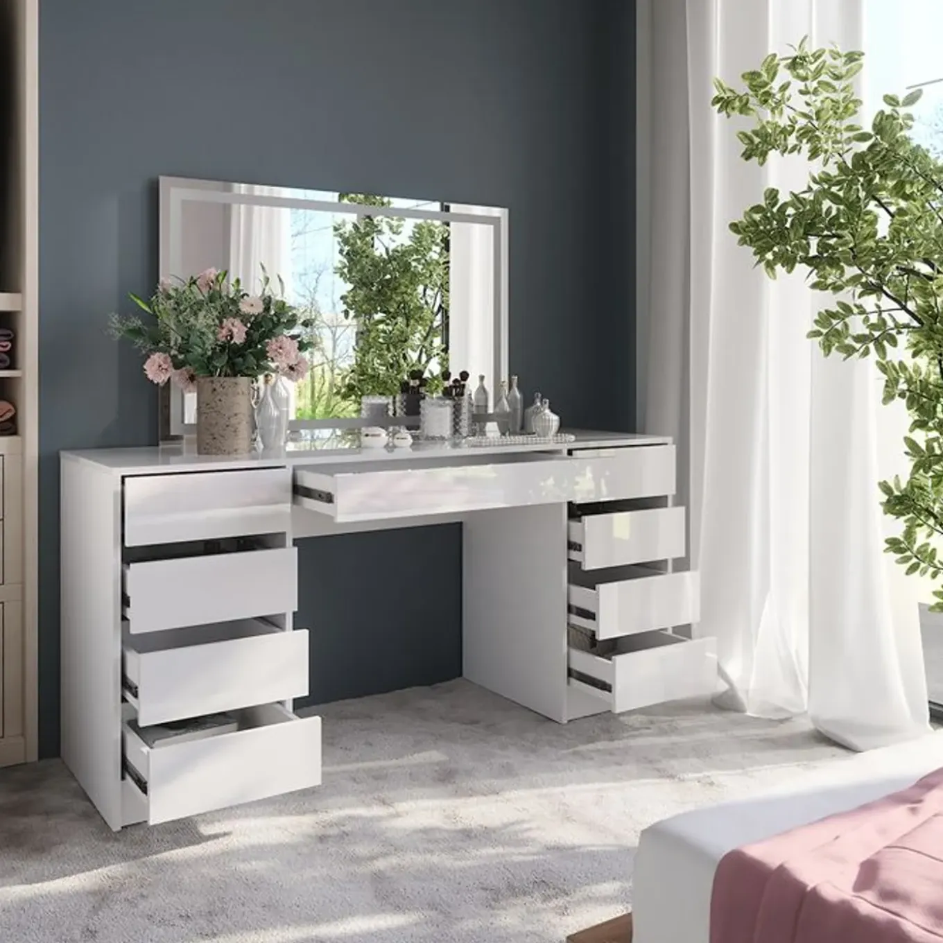 Vicco Sherry - Toilettafel Met Led Spiegel - Wit Hoogglans - 158,2 X 76 X 50,1 Cm