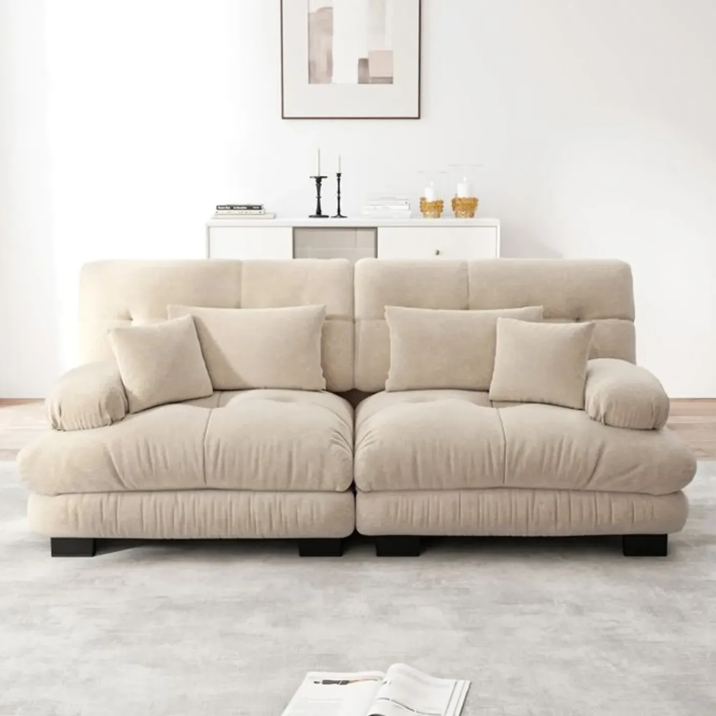 NO BRAND Vintage Chenille Hoekbank Cloud - Lichtbruin - Massief Hout - 220x77x81 Cm