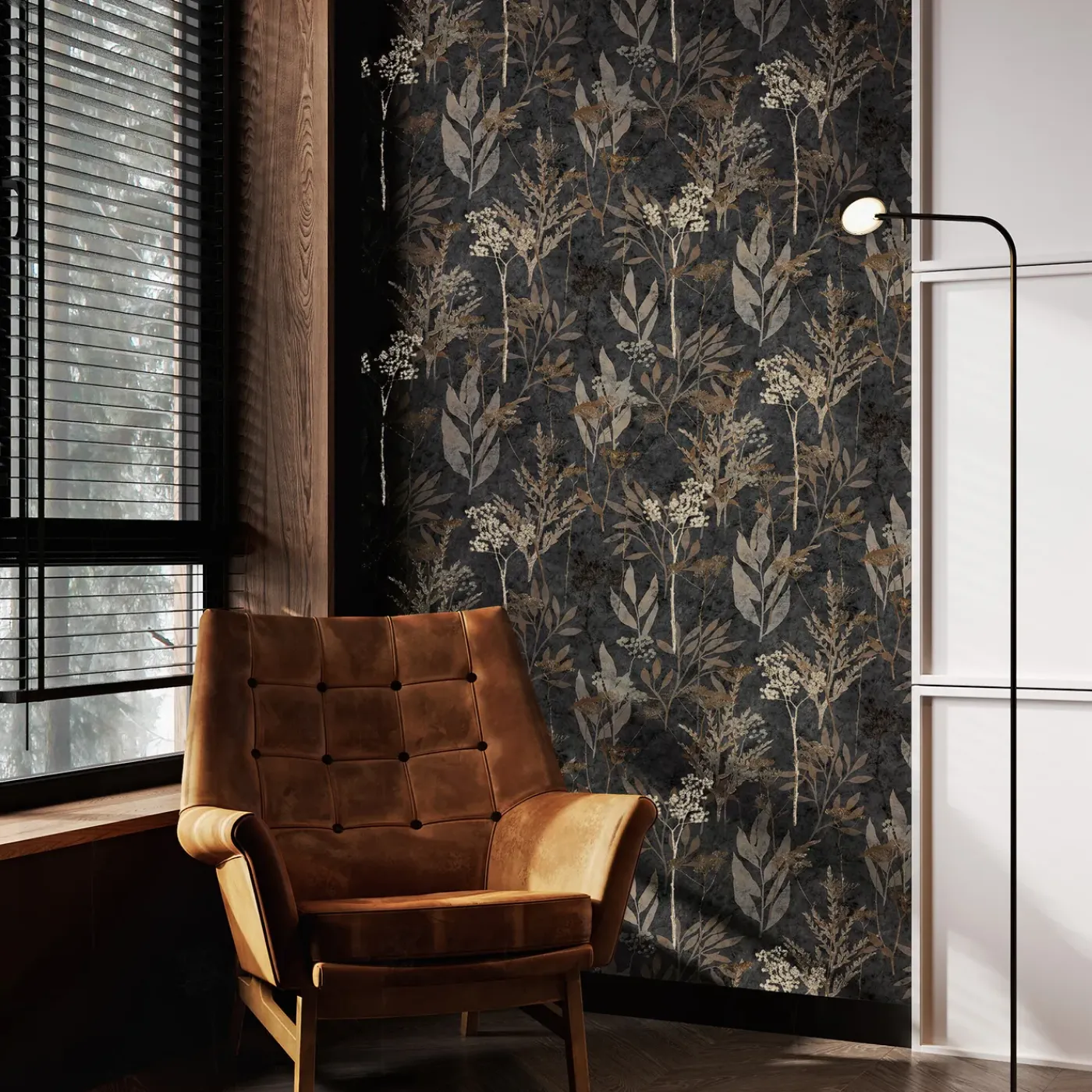 Overig Vliesbehang Heracleum - Antraciet - Zilver - 10,05m x 52cm