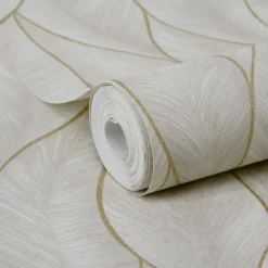Vliesbehang Subtiele Bladeren - Naturel - Goud - 10,05m x 53cm