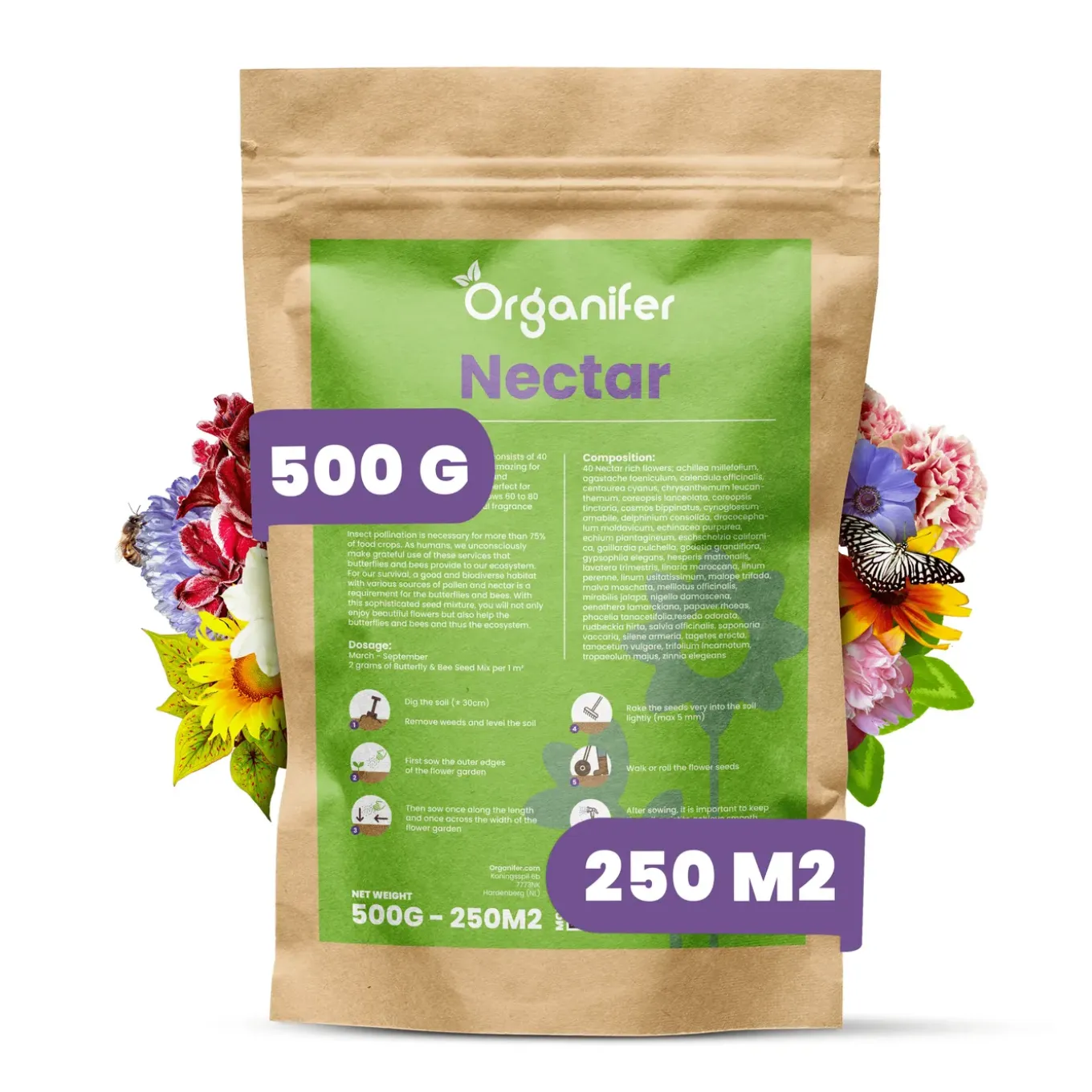 Vlinderbloemen En Bijenmengsel - Nectar - 40 Soorten - 500 G Voor 250 M2 - Organifer