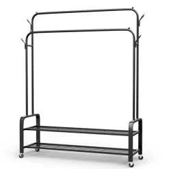 Vonia Kledingrek op wieltjes – Met schoenenrek - dubbel - Garderoberek - 98 x 34 x 159 cm - Zwart