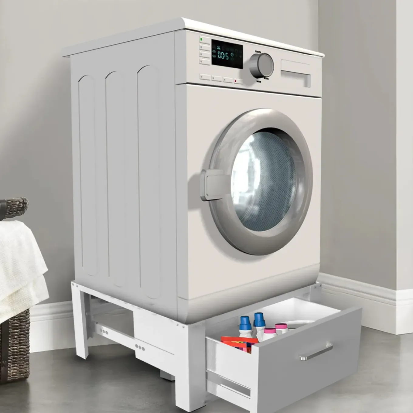 Vonia Wasmachine Verhoger - Wasmachine Verhoger met lade - Wasmachine Sokkel - 63x54x31 - Wit