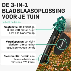 VONROC Bladblazer 3300w - 3-in-1- Blazen - Zuigen - Versnipperen - 270km/h - 40l