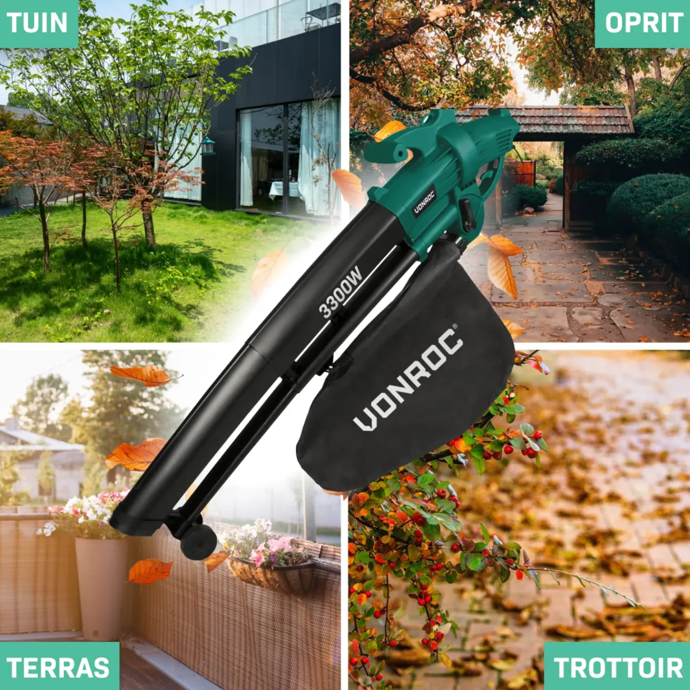 VONROC Bladblazer 3300w - 3-in-1- Blazen - Zuigen - Versnipperen - 270km/h - 40l