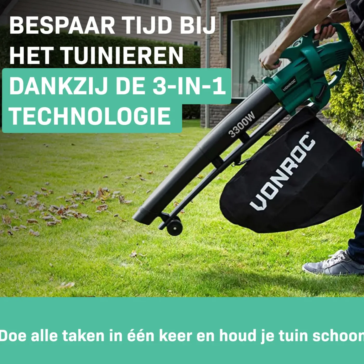 VONROC Bladblazer 3300w - 3-in-1- Blazen - Zuigen - Versnipperen - 270km/h - 40l
